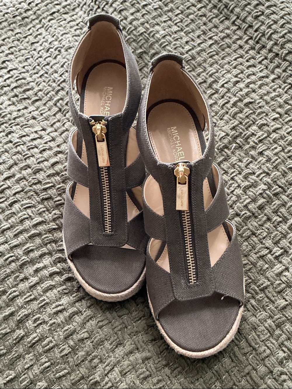 Michael Kors Olive Canvas Espadrille Wedge Sandals with Gold Zip